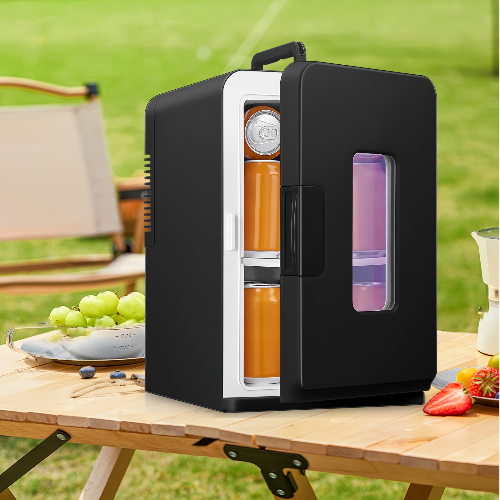 3.96gal Compact Mini Refrigerator - 110V/12V Portable Cooler & Warmer, Outdoor/Indoor Use, Clear Glass Doors, Black, Ideal for Beverages, Skincare, Camping & Kitchen Storage, Mini Refrigerador, Sleek Design, Durable Plastic
