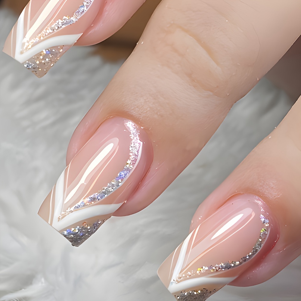 

24pcs Short T-shaped Press-on Nails, Pink Pattern, Artificial Reusable False Nails For Women