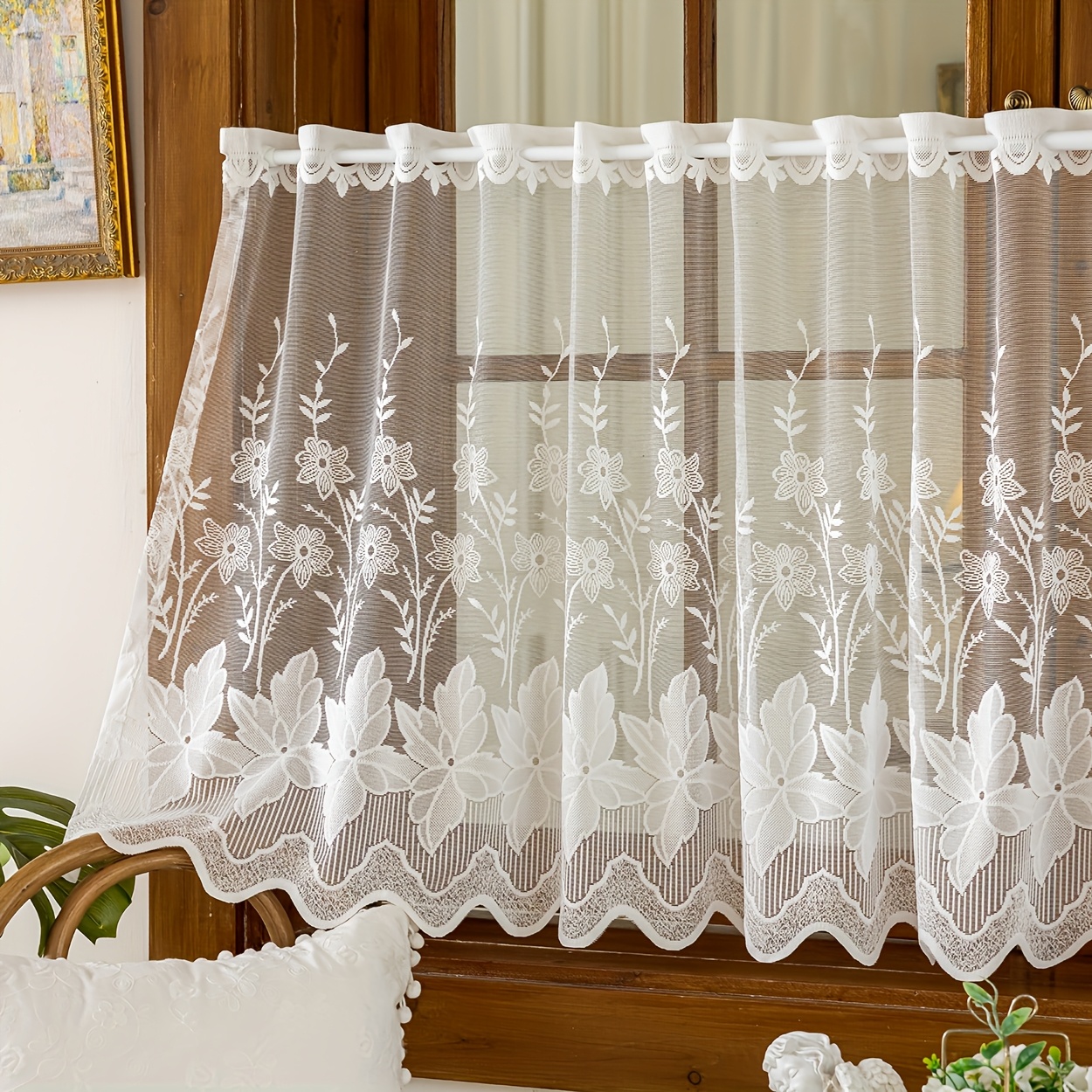 E-shop 1 Stück Landhaus Blumen Jacquard Vorhänge, Taschenstange zum Aufhängen, Geeignet für Wohnzimmer, Schlafzimmer, Balkon, Küche, Fensterdekoration,
