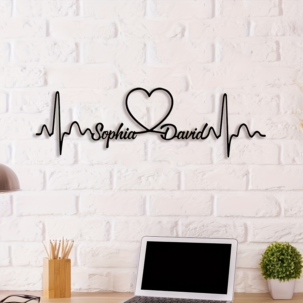 TEMU 1pc Customizable Metal Heartbeat Wall Art With Name - Couple Personalized Love Heart Sign, Black Iron Wall Sculpture, Perfect For Valentine's