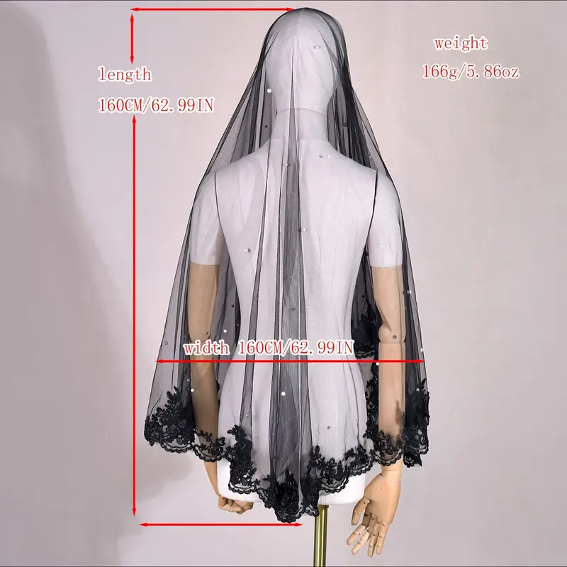 1 шт. кружевной свадебный вуаль в барочном стиле черного цвета с жемчугом, ручная стирка, нейлон, свадебный аксессуар, тема Хэллоуина, без гребня, детали 3