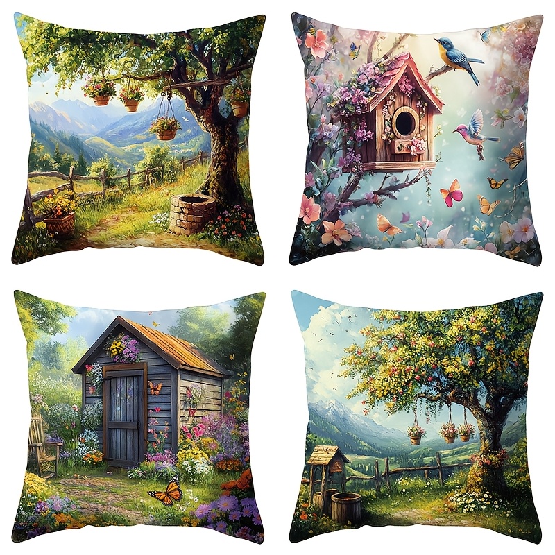 

4-pack Scenery Pillow Covers, 17.72"x17.72" Contemporary Printed Polyester Zippered Cushion Cases, Machine Washable, Decorative Sofa & Bedroom Accessories (inserts Not Included)