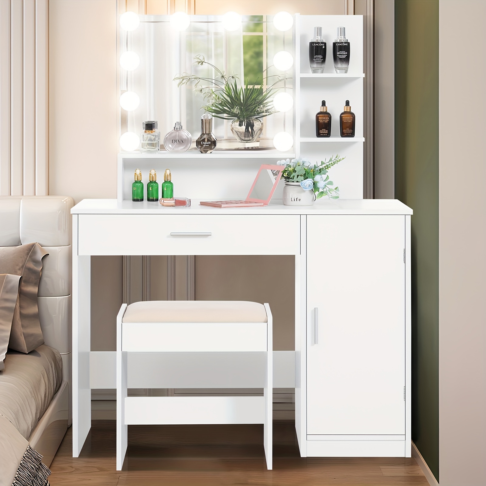 

Athwel Makeup Desk And Table Set Drawer, & 3 Shelves, Makeup Set 3 For