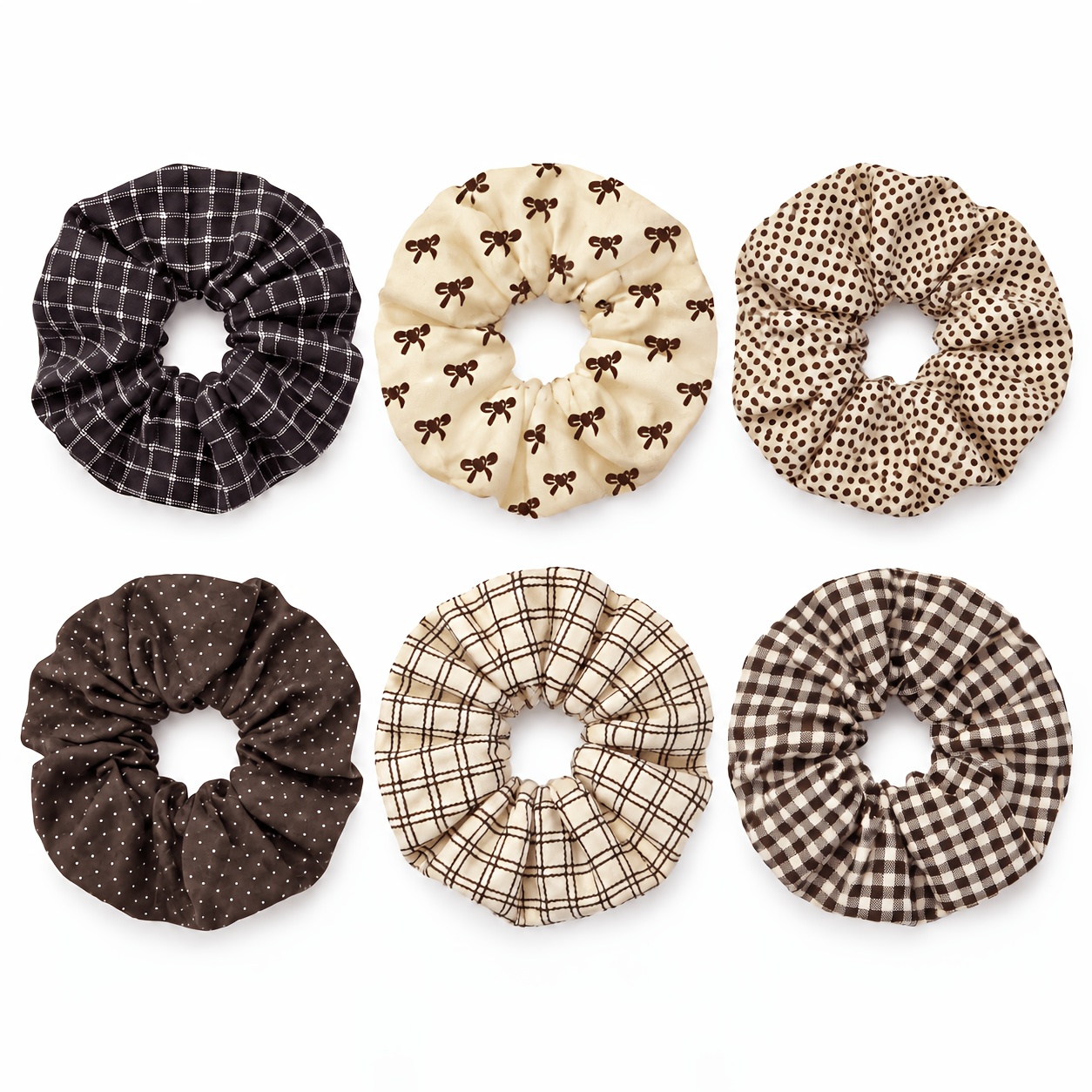 TEMU 6pcs Set Of Stylish Brown Hair Scrunchies ( And Polka Dot Patterns) - Random Shade/density, Perfect For Women For Everyday Use, Parties, Or