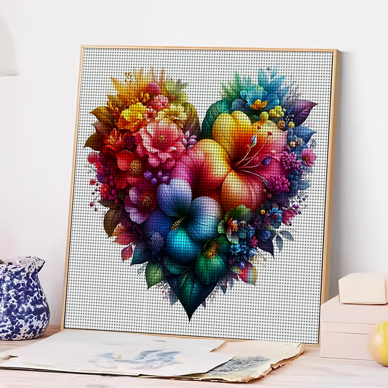 Cross Stitch Printed Kit, Frameless Colorful Flowers Heart Design