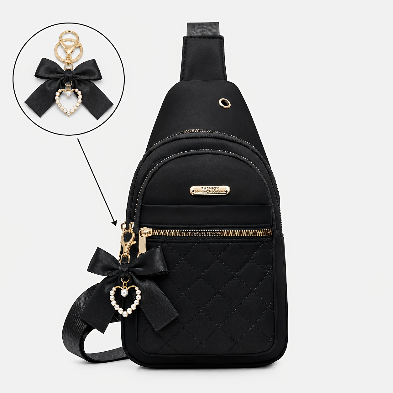 TEMU Women Crossbody Chest Bag 2pcs Set With Bow Keychain Charm, Lightweight Quilted Sling Bag With Wide Adjustable Strap, Front Zipper Pocket And