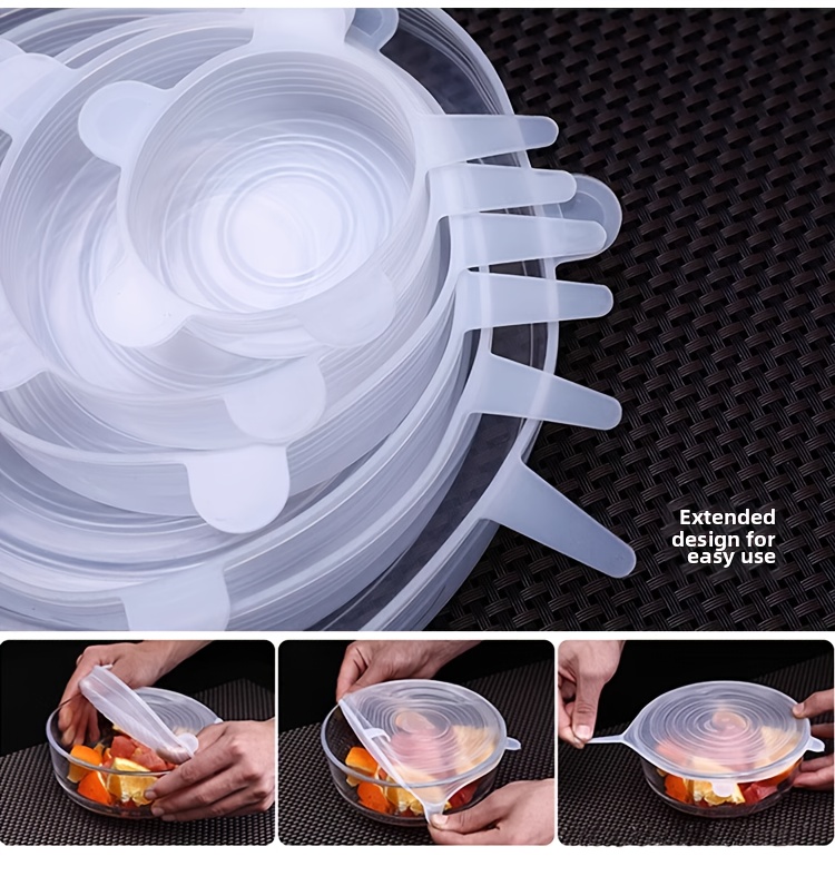 Juego de 6 tapas elásticas de silicona, cubiertas reutilizables y resistentes para tazones de almacenamiento de alimentos, seguras para usar en lavavajillas y refrigeradores, aptas para varios contenedores en 6 tamaños