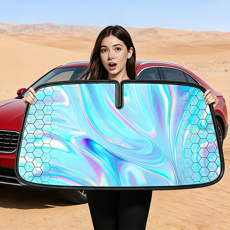 TEMU 2026 New Titanium Silvery Car Sunshade (*57.09 Inches): 4-layer Rhombus, Foldable, Heat-insulating, Fits Most Cars, & Use.