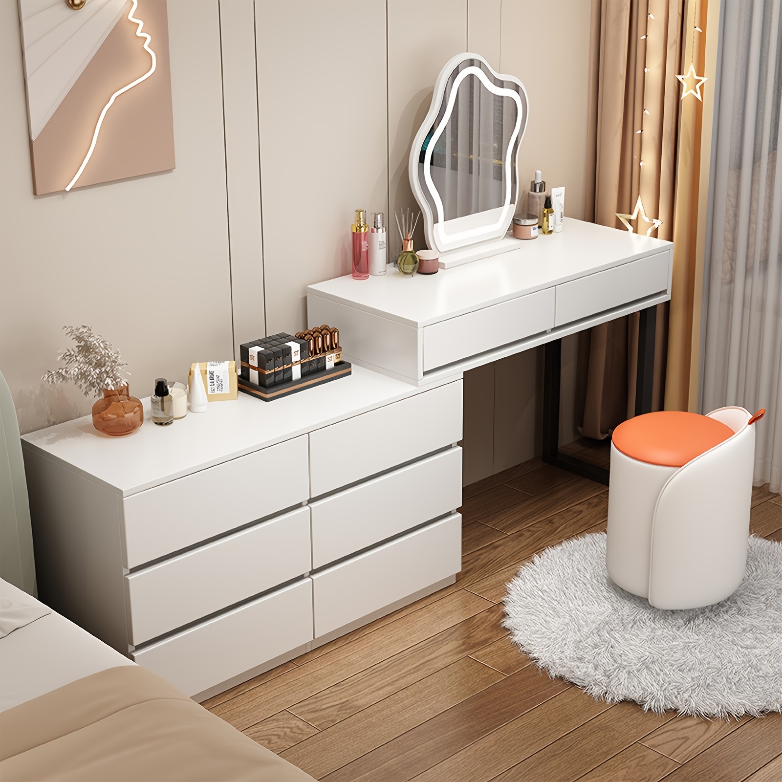 Image of Dressing Table, Wooden Dressing Table With 8 Silent Drawers, Dressing Table With Mirror, Suitable For Bedroom, , Living Room, Dressing Table, White