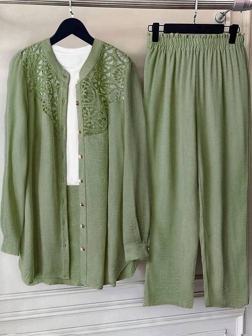 plus size plus size women 2pcs set round neck lace full button casual shirt elastic waist loose pants fall cloth for women