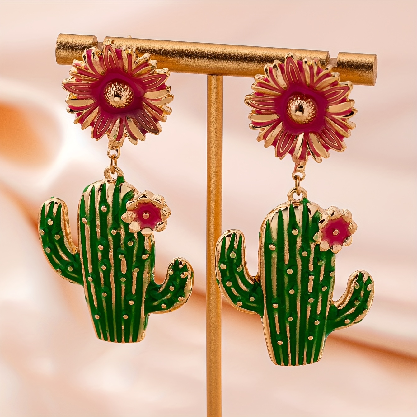 Un Par de Aretes Únicos, Atrevidos y Vibrantes de Flor de Cactus con Diseño Divertido de Esmalte Colorido, Estilo Vacacional que Llama la Atención