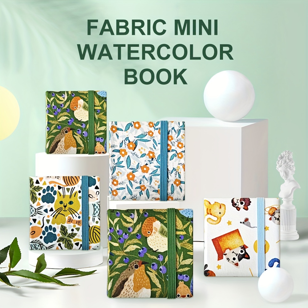 

Mini Watercolor Sketchbook 300gsm, 20 Sheets, 6x6cm Fabric Covered Art Painting Notebook With Elastic Band - 4 Styles