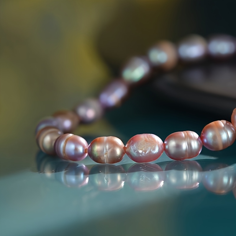 Image of 1pc Bracelet . 5.5-6.5mm Rice Beads Fashionable Rare Beads Irregular Natural Texture Bracelet 18cm/7.08in Length Gentle And High-end Jewelry Women's Jewelry Gift Idea Handmade Design Elastic Rope Ad