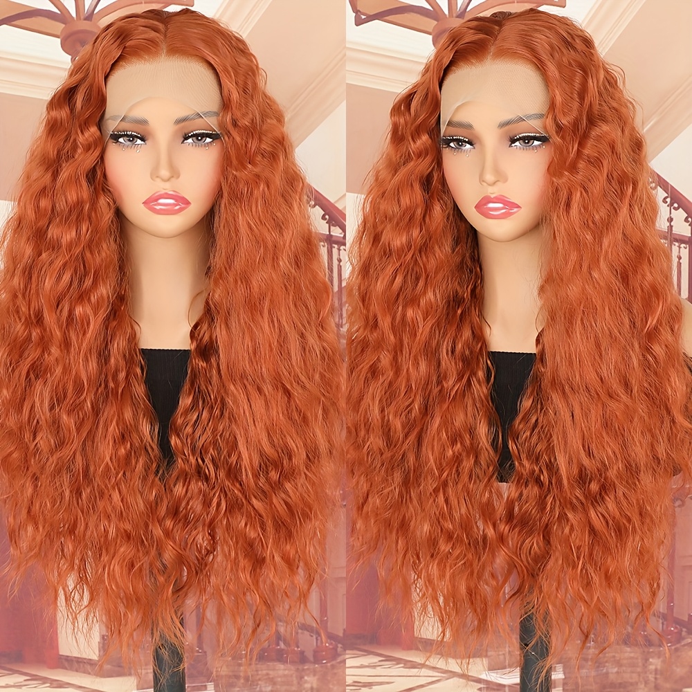 26inch dark orange synthetic lace front wigs women water - Temu display picture 2