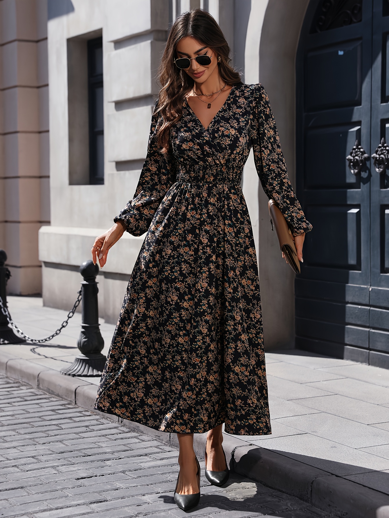 Elegant Floral Long Sleeve Maxi Dress with V-Neck 100% Polyester Tunic  Style Tent Silhouette for Fall, Woven Long Length Dress with Regular Sleeves