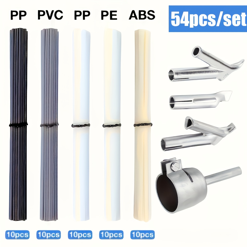 54pcs/Set Plastic Welding Kit, ABS PP PVC PE Plastic Welding Rods, Hot   Round Nozzle Kit, Stainless Steel Quick Welding Nozzle, Plastic Welding Gun Soldering Iron Accessories, Car Bumper/Kayak Rep  Material