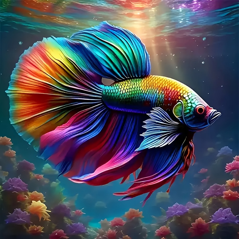 TEMU 1pc Vibrant Betta Fish Themed Round 5d Drill Diamond Painting Kit, Frameless Diamond Mosaic Art For Adults & Beginners, Decor Ornament & Ideal