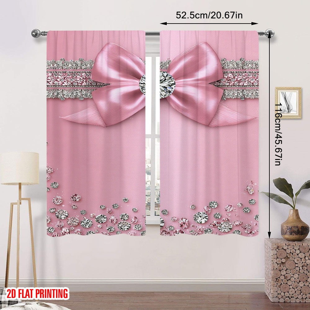 TEMU 2d Flat, 2pcs Set, 2d Flat Print, Birthday Pink Bow And Gems Design, Home Decor > Window Treatments > Curtains & Drapes > Curtain Panels,
