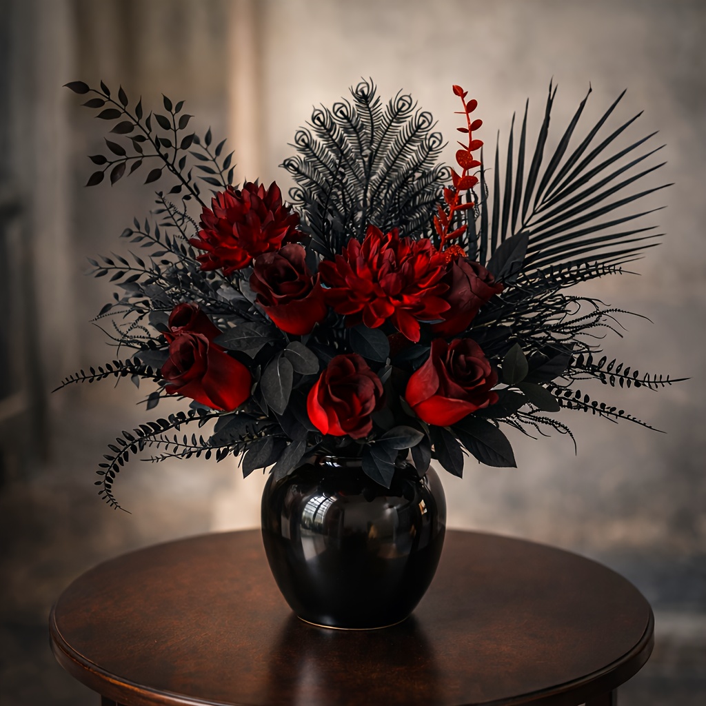 High- And Black Artificial Flower Bouquet | Featuring Peonies And Roses, With Black Leaves, Suitable For Offices, Living Rooms, Weddings, And Hotel Lobbies | Brand: Aijues, Ideal For Holidays And