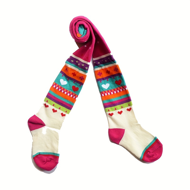Image of A Pair Of Colorful Striped Heart-patterned Leggings For Girls, Featuring A Stretchy Waistband