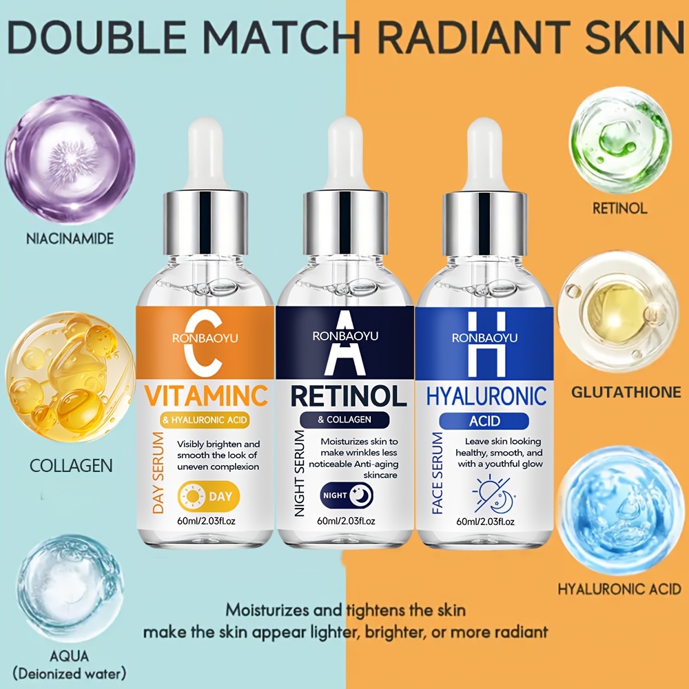 RONBAOYU Set Triplu Seruri 3 Bucăți cu Vitamina C, Retinol, Acid Hialuronic, Colagen, Acid Tranexamic, Niacinamidă și Glutation, pentru Luminozitate, Fermitate, Hidratare Profundă, pentru Toate Tipurile de Piele, Utilizare Zi și Noapte, Esențial pentru Călătorii