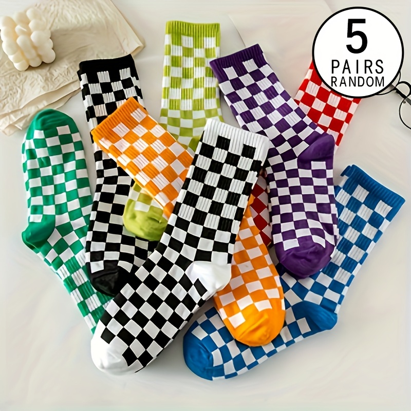 Image of 601104920614904random 5 Pairs Of Colors Youth Mid-calf Trendy Checkered Suitable For Daily Wear All-match Style Long Socks, For Teenager, For Teenager