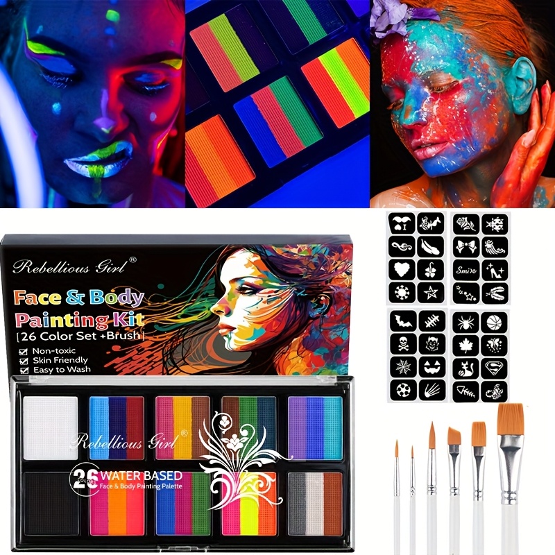 TEMU 3pcs -10 Grid 26 Color Body Painting + Brush + Sticker Set Water-soluble Ultraviolet Luminous Body Painting Cream Stage Performance Makeup Eyeliner Eyeshadow Effects Makeup Oil Color Set