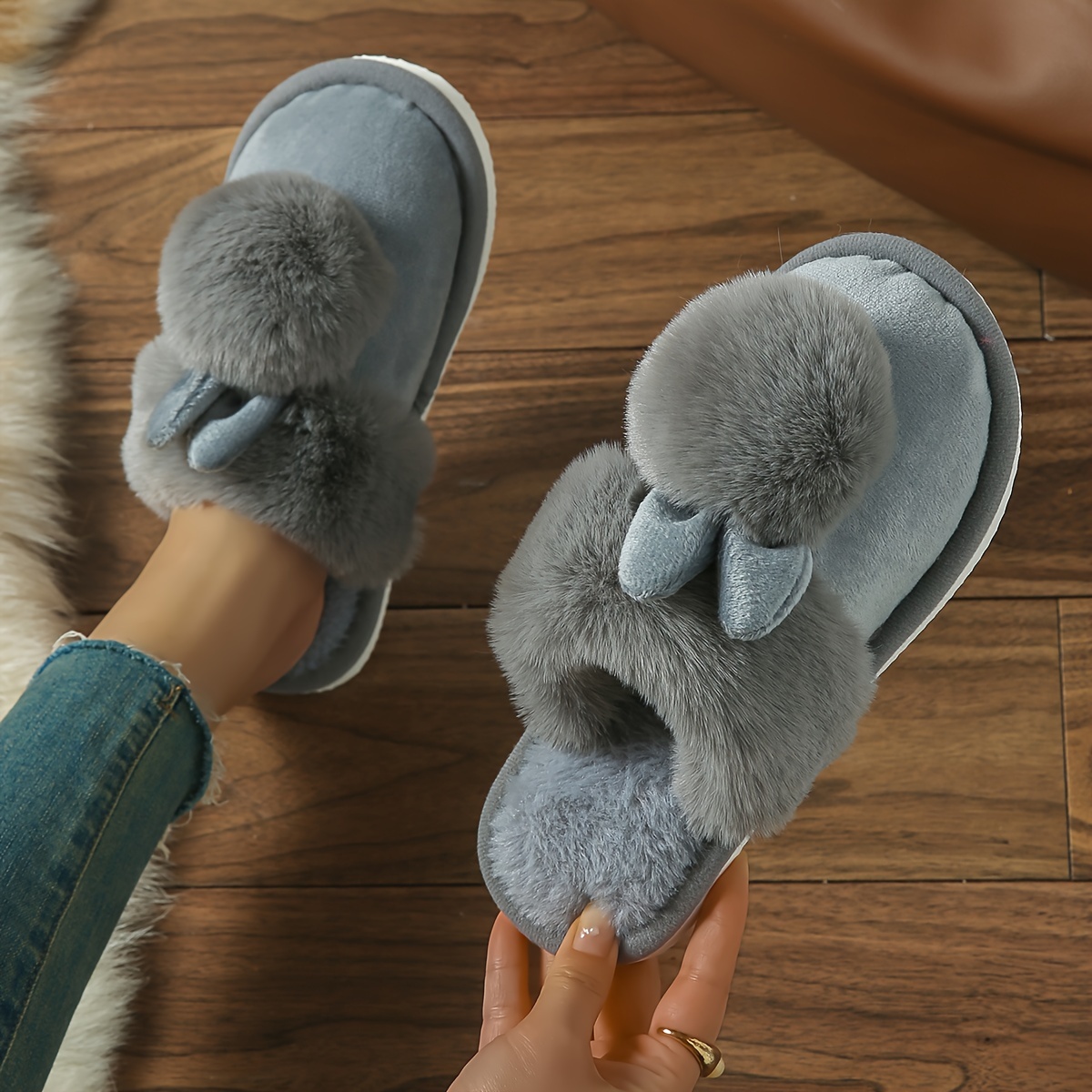 Winter Indoor Plush Home Fluffy Cute Cartoon Floor Slippers, Women Shoes