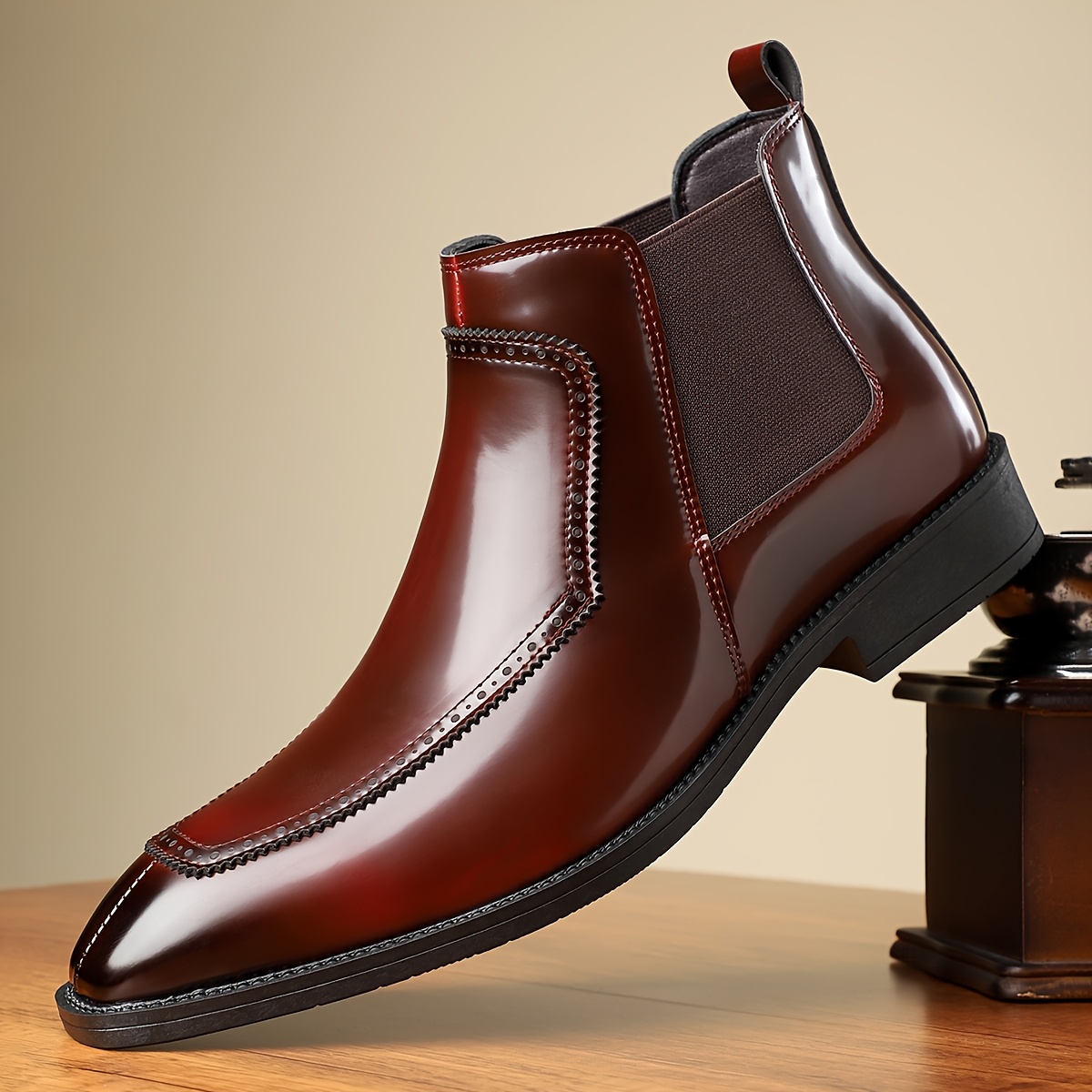 Men's Slip-On Boots - Durable Rubber Sole, Black Ankle Boots with Pointed Toe & Elastic Band, All-Season Casual Street Style Shoes