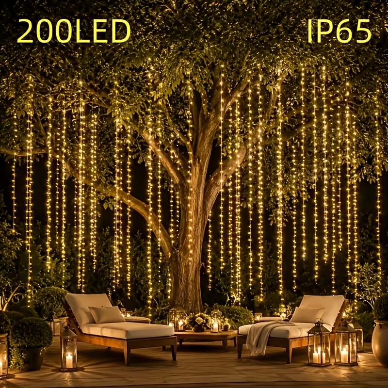 TEMU Rideau de à 200 LED sur piles, guirlandes lumineuses scintillantes suspendues d'arbre pour décorations extérieures de jardin, mariage et