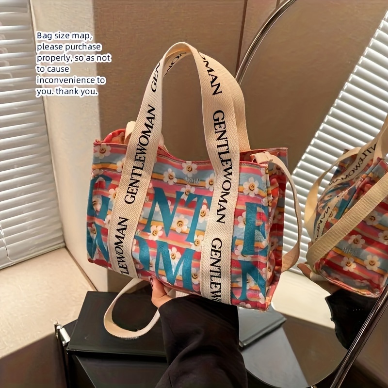 

Floral Print Canvas Tote Bag, Fashion Versatile Shoulder Crossbody Bag, Cute Daily Carryall With Flowers Design