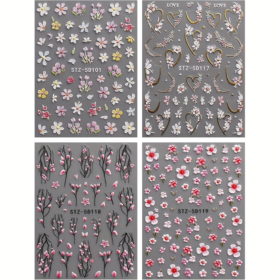 Image of 4pcs Nail Art Stickers, Embossed 3d Pink Cherry Small Flowers, Valentine's Day Flowers, Hearts, English Floral Self-adhesive Disposable Nail Decals