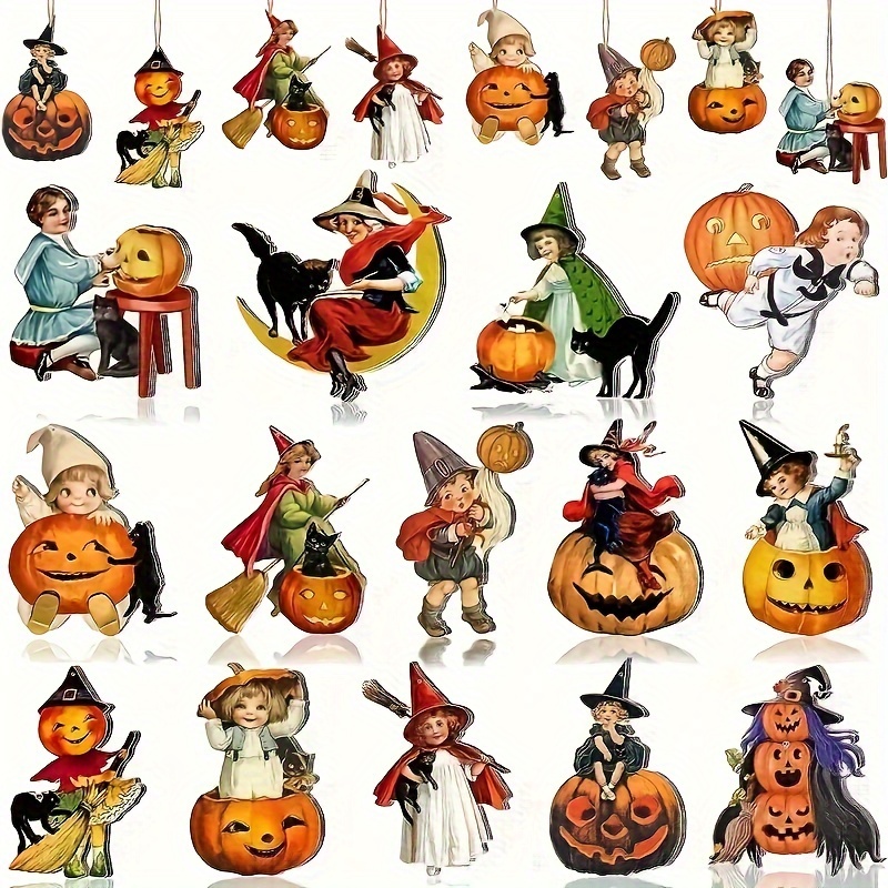 

28-piece Vintage Halloween Tree Ornaments Set - Wooden Pumpkin, Witch & Black Cat Decorations For Spooky Home Party