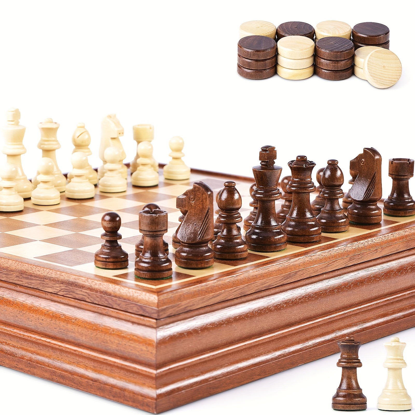 

Chess And Board Game Sets For Adults Wooden Deluxe 15 Inch Wood Board Box With Storage, Classic 2 In 1 Large Size With Chess Pieces - 3" King Height - 2 Extra Queens