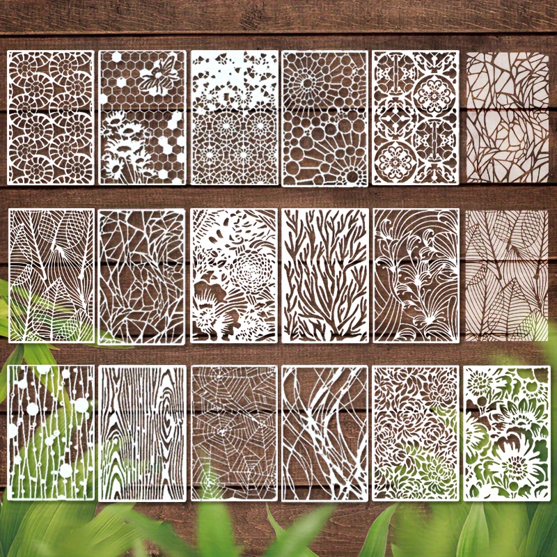 16pcs Reusable Plant Texture Stencil Set - Spider Web, Wood, Stone & Bee Designs For Diy Home And Furniture Decor