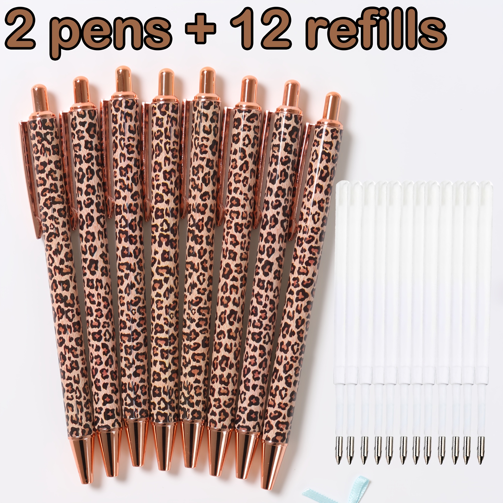 Image of Rose Print Set, Includes 2 Pens + 12 Refills. The Pen Body Features Leopard Print With Luxury Rose Golden Nib/clip, A Vintage Yet Fashionable Look; -out Refill Design