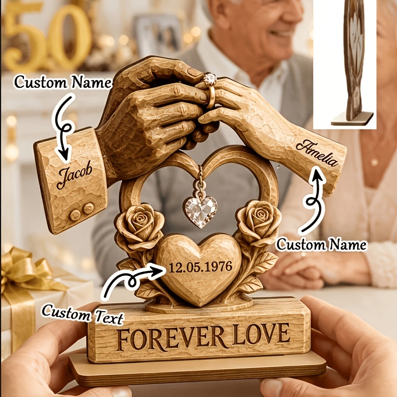 Personalized Heart-shaped Couple Name Wooden Sign, Handheld Ring, Couple Anniversary Gift, Engagement Desktop Wooden Decor, Wedding Gift