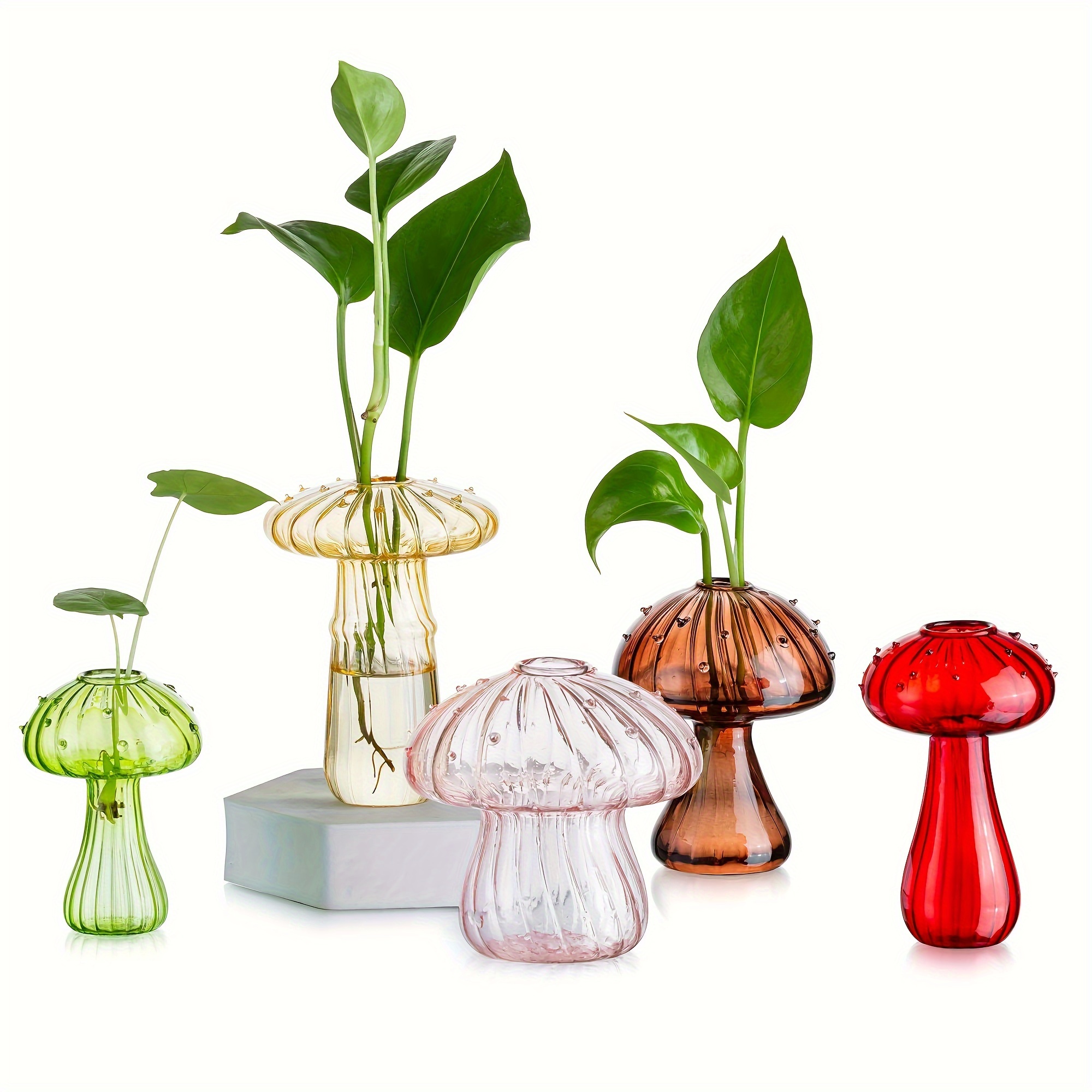 TEMU Set Of 5 Mushroom Glass Planter, Colored Plant Propagation Station, Mini Terrarium For Plants, Unique Small Glass Vase For Flowers, Cute Hydroponic Indoor Planters Gifts For Women Room Decor