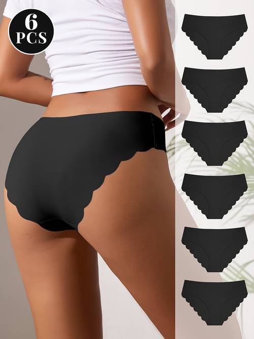 6 stück muschelrand-slips, einfarbige höschen, nahtlose atmungsaktive unterwäsche, damen bequeme & schlichte dessous