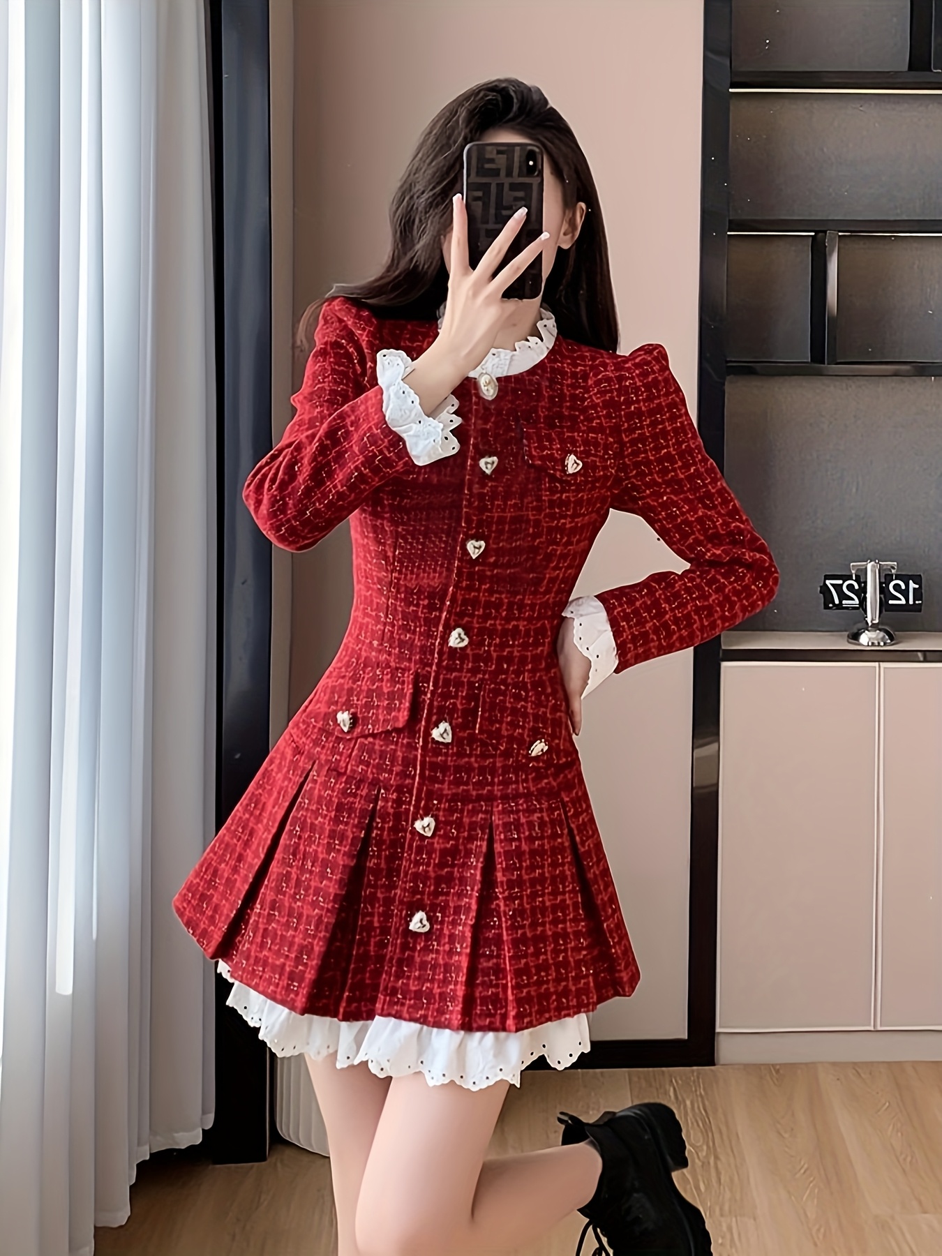 robe mini en polyester femmes tweed rouge Temu Morocco