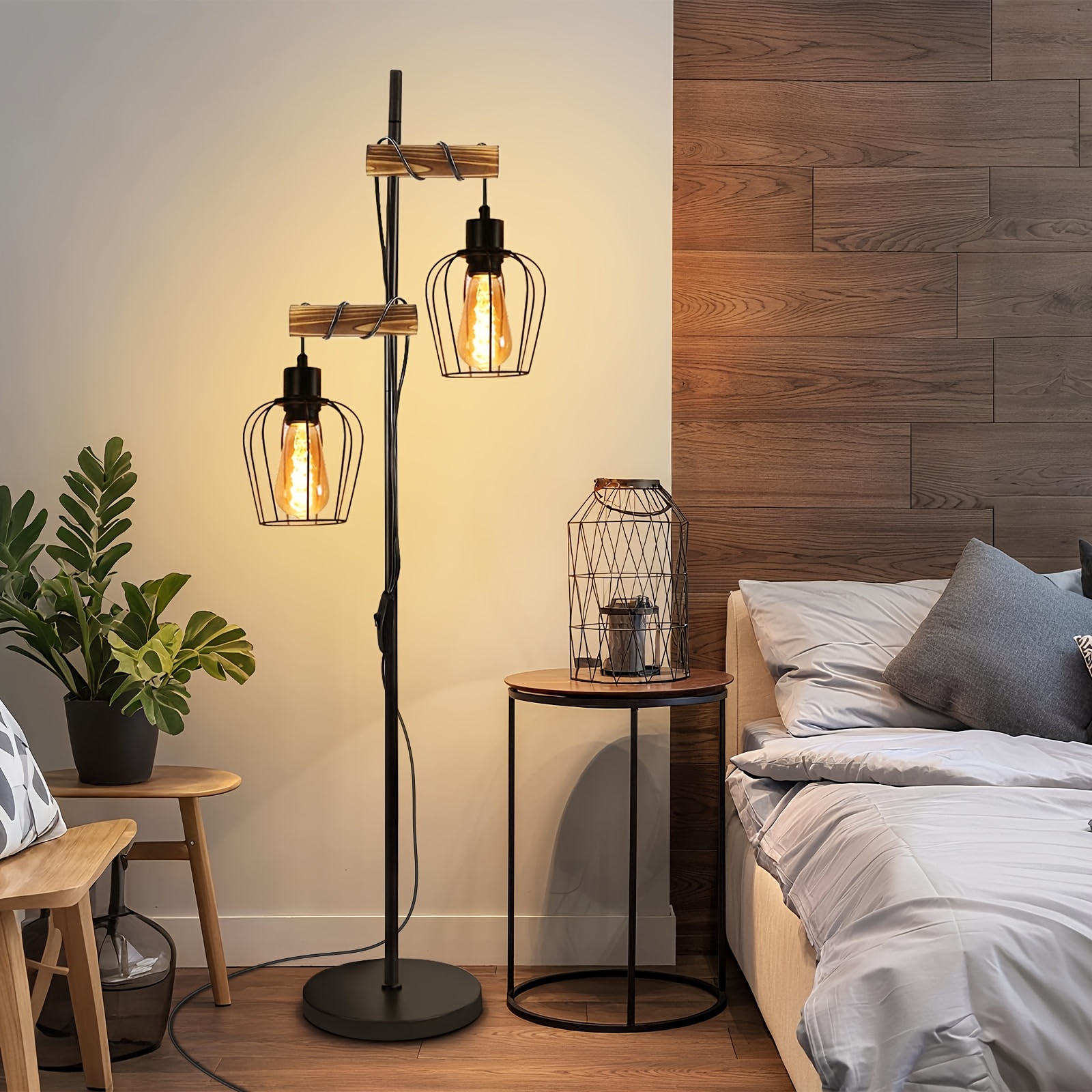 TEMU Lampe de sol de style vintage avec des détails en métal et en bois, cette lampe noire un interrupteur intégré, parfaite pour créer une ambiance