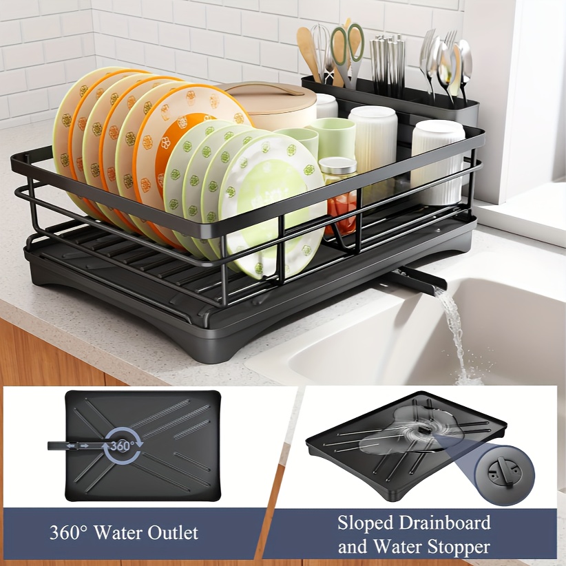 Extra Large Dish Drying Rack with Cutlery Holder Auto-Draining System  Heavy-Duty Dish Drainer, Space-Saving Dish Rack with 360°