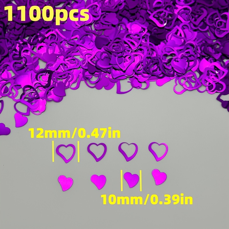 TEMU 1100pcs Purple Hollow Heart Pvc Sequins, 10mm & 12mm Mixed Glitter Confetti For Party Decor, Birthday, Wedding Supplies, Diy Gift Box & Balloon