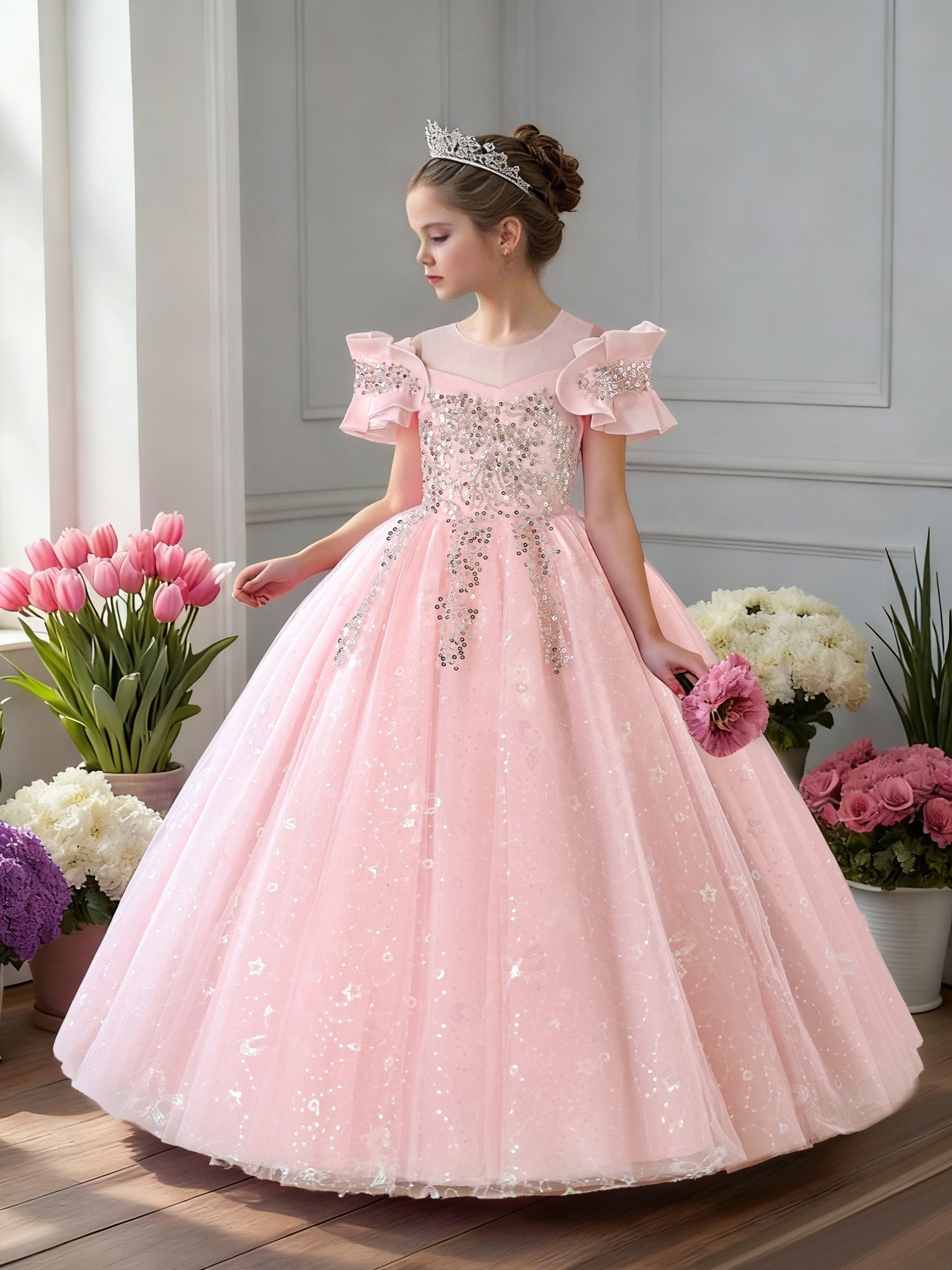 strapless open back dress Luxury Ivory Flower Girl Dress Beading Elegant Princess Kids J265 Champagne / Child-10