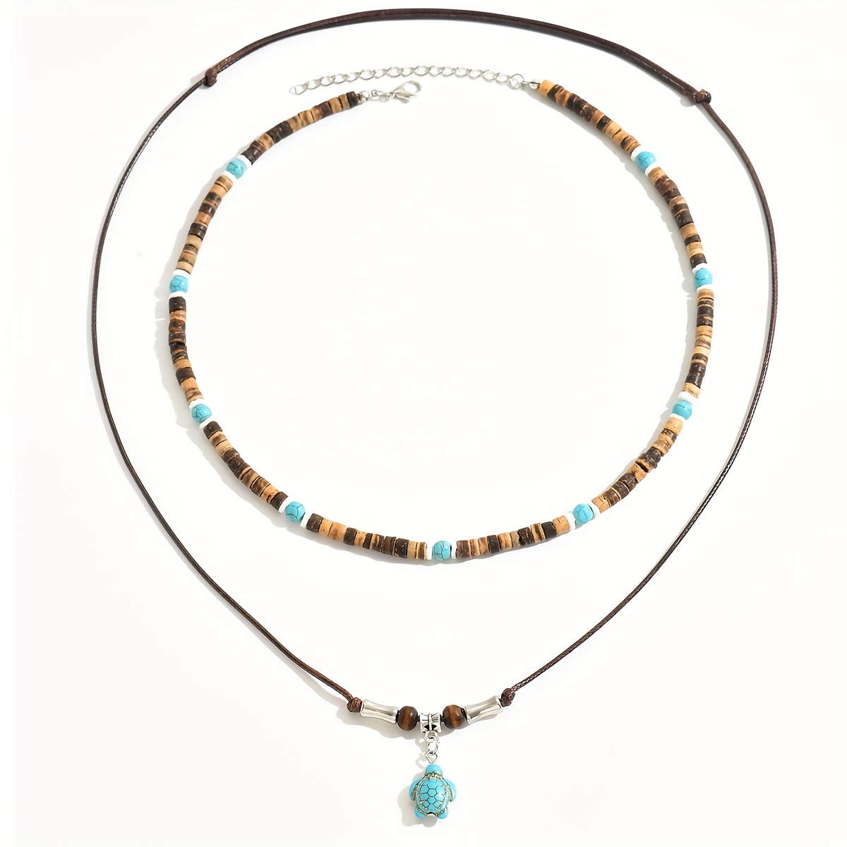 New Bohemian Style Beaded Necklace With Coconut Shell And Turquoise Turtle Pendant