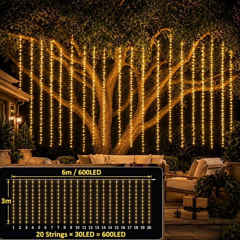 TEMU 1pc 6 X / 600 Led Curtain Light Strip, Warm White/ Cool White Waterfall Fairy String Lights, Hanging Tree-shaped Twinkle String Lights, Suitable