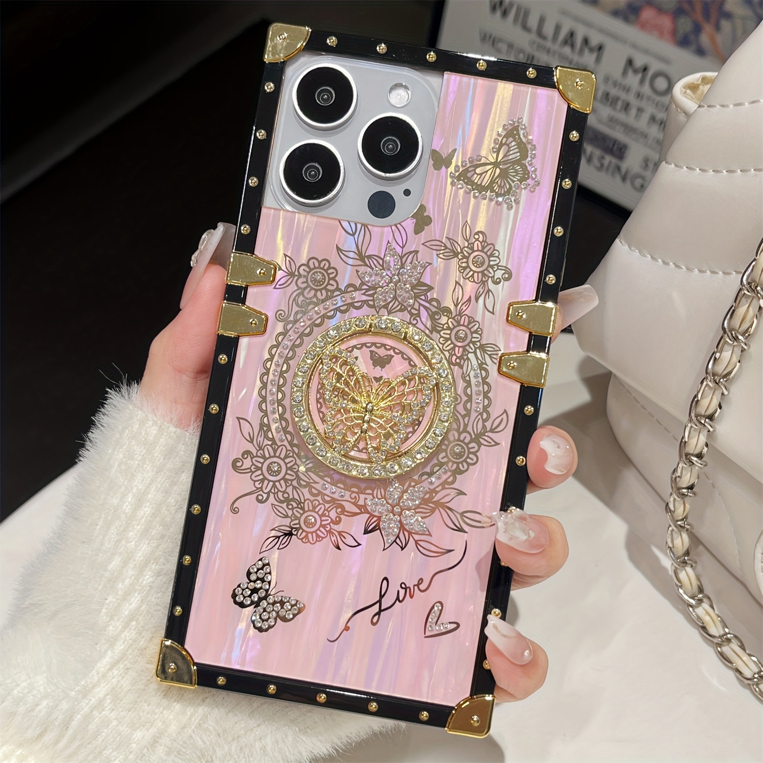 Luxury Laser Shell Pattern Case for iPhone 16 15 Pro Max 14 13 12 11 Plus Rhinestone Butterfly Stand Holder Shockproof Card