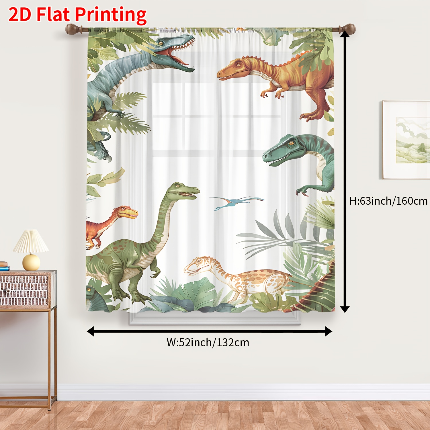 E-shop 1 Stück 2D Flachdruck, Cartoon-Dinosaurier Retro Tropenpflanzen Vorhang mit Stangen-Tasche für Wohnzimmer, Schlafzimmer, Essbereich, Flur, Büro,