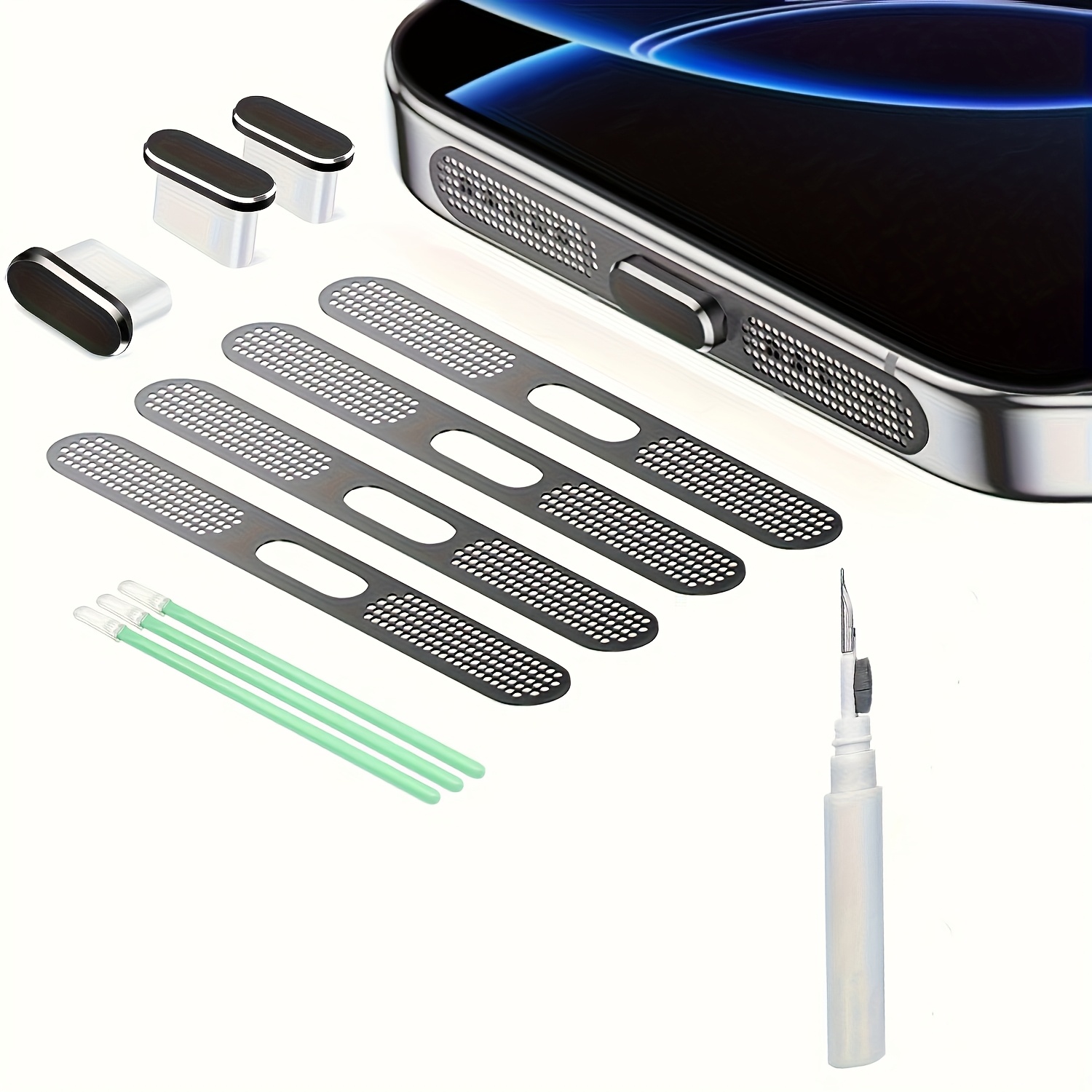 E-shop Staubstopfen für USB-C und Lautsprecherabdeckung für Handys, inklusive Reinigungsset und Ladeanschlusssäuberer, kompatibel mit iPhone 16 Serie