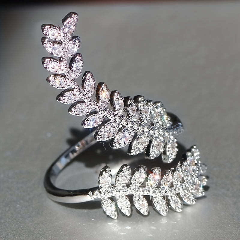 925 Silver Plated Zirconia Olive Leaves Ring Adjustable
